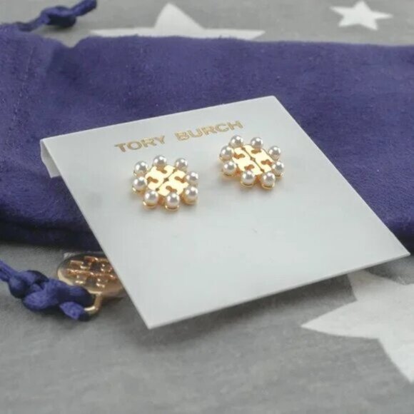 Tory Burch Kira Pearl Stud Earrings in Tory Gold / Cream - Picture 2 of 4